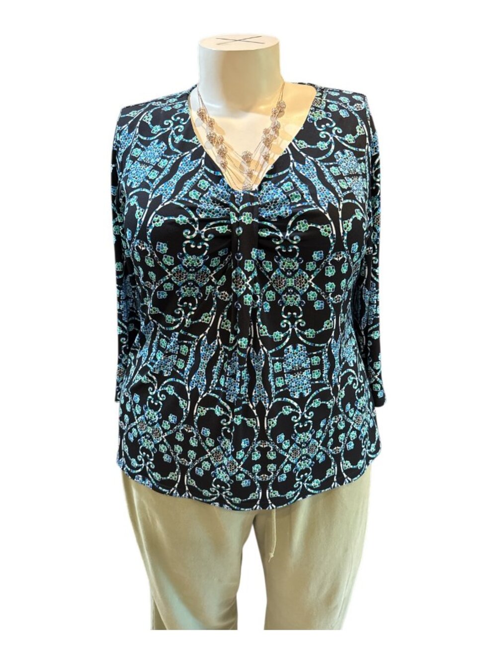 Evan-Picone Sz PXL Black, Blue & Green 3/4 Sleeve V-Neck Stretchy Blouse Top